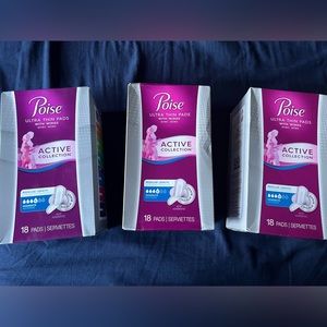 3 Brand New Poise Ultra Thin Pads 4 Moderate 18 pads each box.